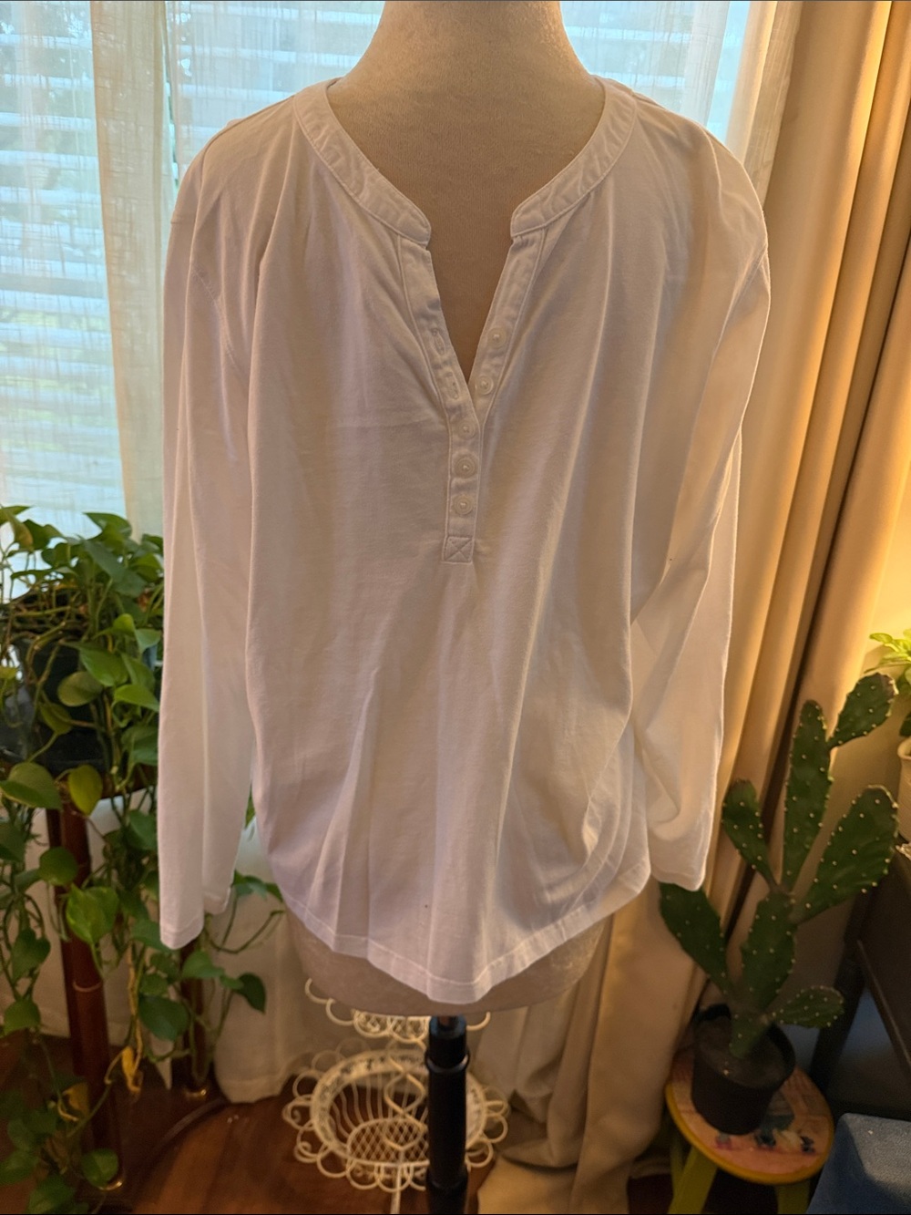L.L. Bean White Long-Sleeve Button Placket Top